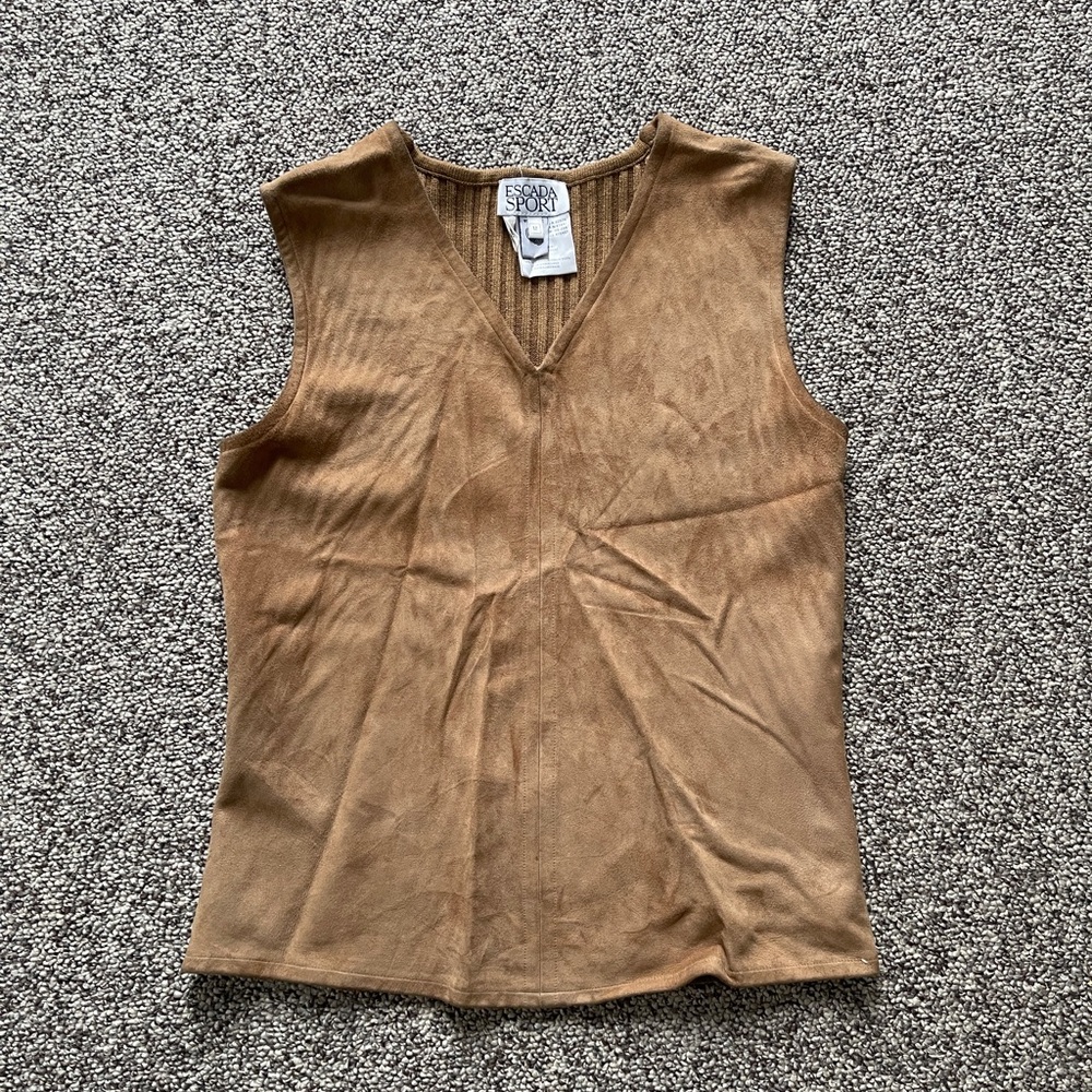 Vintage Escada Sport Tan Leather Front Wool Ribbed Back Top Vest M